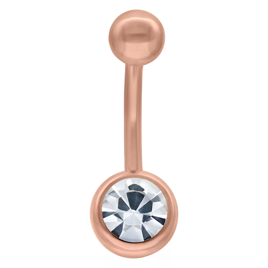 Roségoldenes Bauchnabelpiercing mit Kristall Roségoldenes Bananabell aus Titan mit klarem Kristall auf weißem Hintergrund