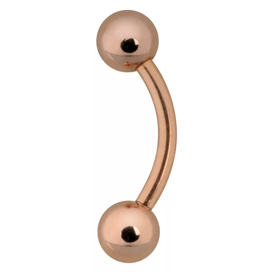 Rosegold Bananabell aus Chirurgenstahl Bauchnabelpiercing in Roségold mit zwei Kugeln auf weißem Hintergrund