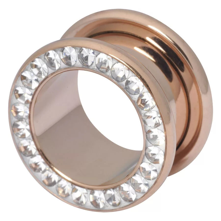 Roségold Kristall Flesh Tunnel 6mm Sealed Crystal Flesh Tunnel aus Roségold mit kristallklaren Steinen, Größe 6mm