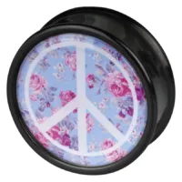 Peace Pink Roses Plug in Blau Schwarzer Plug mit Peace-Zeichen und rosa Rosen auf blauem Hintergrund