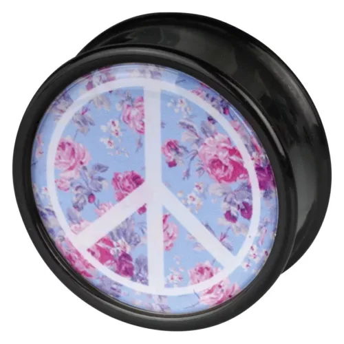 Schwarzer Plug mit Peace-Zeichen und rosa Rosen auf blauem Hintergrund