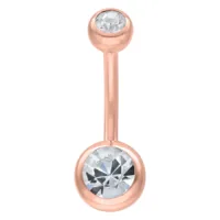 Doppeltes Bauchnabelpiercing mit Kristallen, Roségold Roségoldenes Bauchnabelpiercing mit zwei klaren Kristallen auf weißem Hintergrund