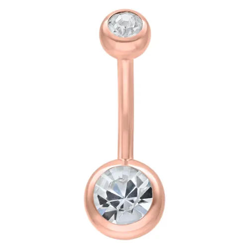 Roségoldenes Bauchnabelpiercing mit zwei klaren Kristallen auf weißem Hintergrund