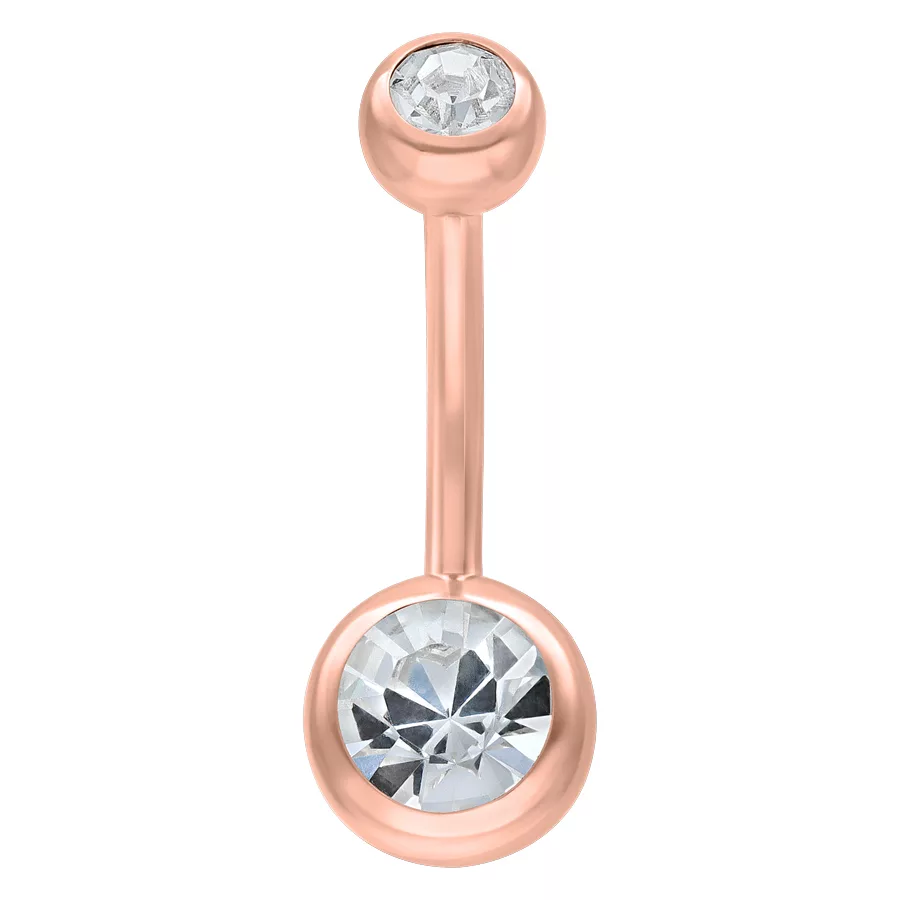 Doppeltes Bauchnabelpiercing mit Kristallen, Roségold Roségoldenes Bauchnabelpiercing mit zwei klaren Kristallen auf weißem Hintergrund