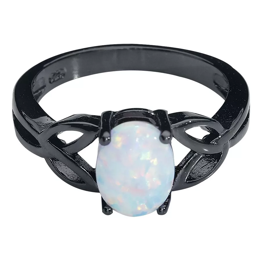 Mondstein Ring aus schwarzem Chirurgenstahl Schwarzer Ring aus Chirurgenstahl mit weißem Opal auf neutralem Hintergrund