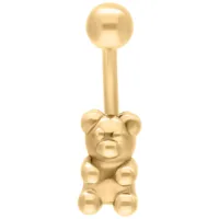 Goldenes Gummi Bear Bananabell Piercing Goldenes Bauchnabelpiercing mit Bärchenform auf weißem Hintergrund