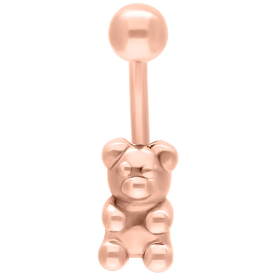 Bauchnabelpiercing in Roségold mit Gummibär-Design auf weißem Hintergrund