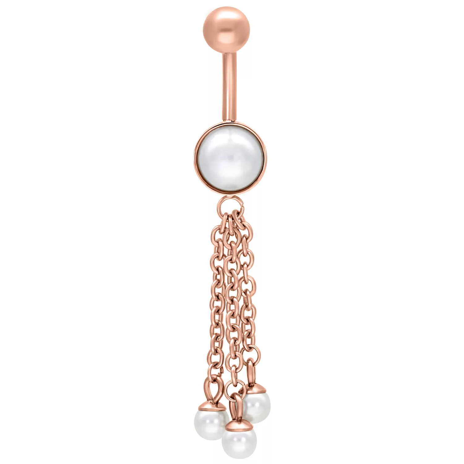 Roségoldenes Bauchnabelpiercing mit Perlenanhänger Roségoldenes Bauchnabelpiercing mit Perlenanhänger, Länge 10 mm, auf weißem Hintergrund