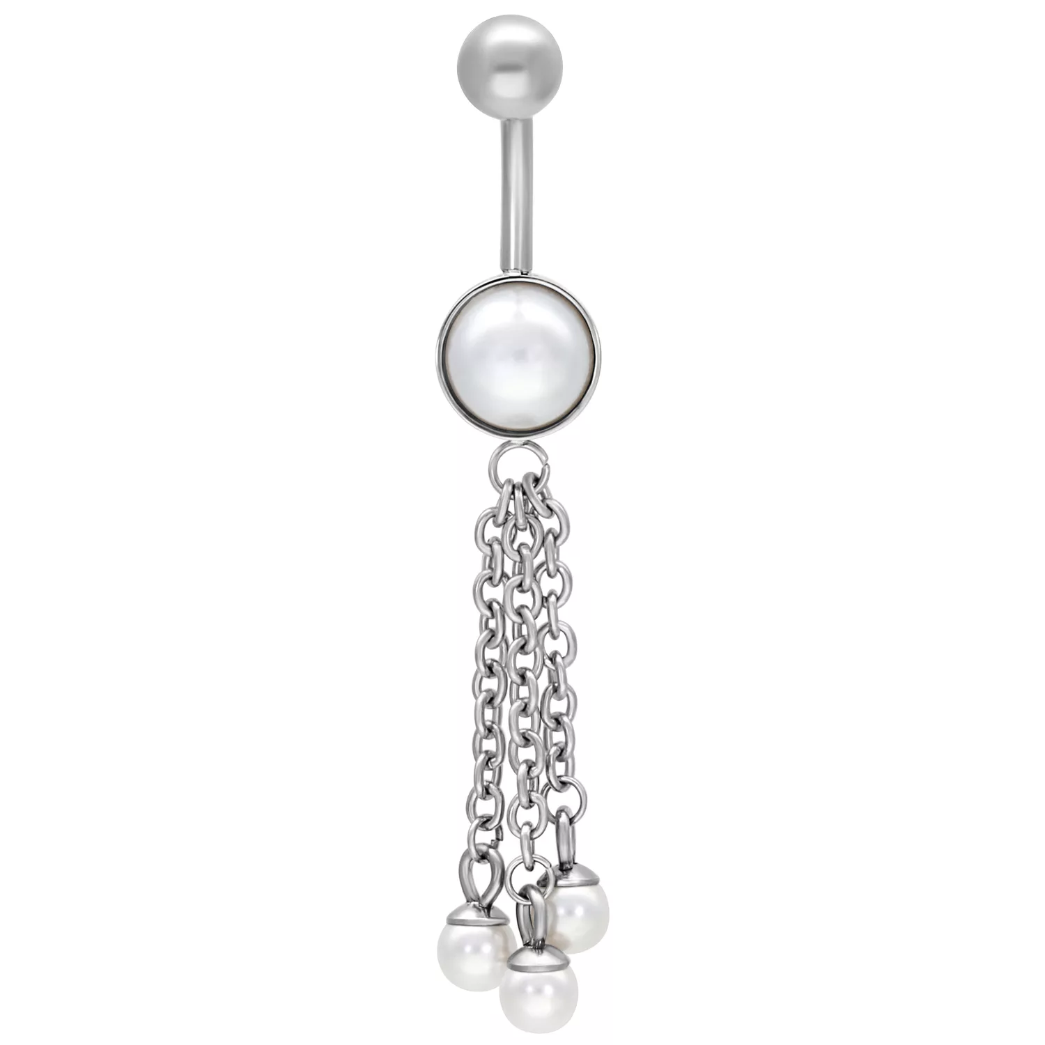 Silbernes Bauchnabelpiercing mit Perlenanhänger Silbernes Bauchnabelpiercing mit hängenden Perlen und Ketten auf weißem Hintergrund