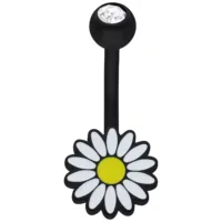 Schwarzes Daisy Micro Bananabell mit Kristall Schwarzfarbenes Bananabell mit Gänseblümchen-Anhänger und klarem Kristall auf weißem Hintergrund