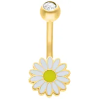 Goldenes Daisy Micro Bananabell Piercing Goldenes Bananabell mit Gänseblümchen-Design und Kristall, auf weißem Hintergrund