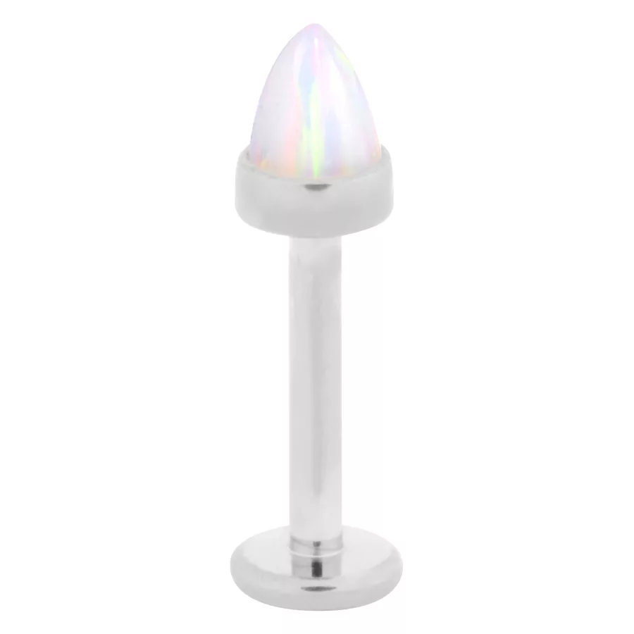 Opal Cone Labret aus Chirurgenstahl Silbernes Labret mit weißem synthetischen Opal auf weißem Hintergrund