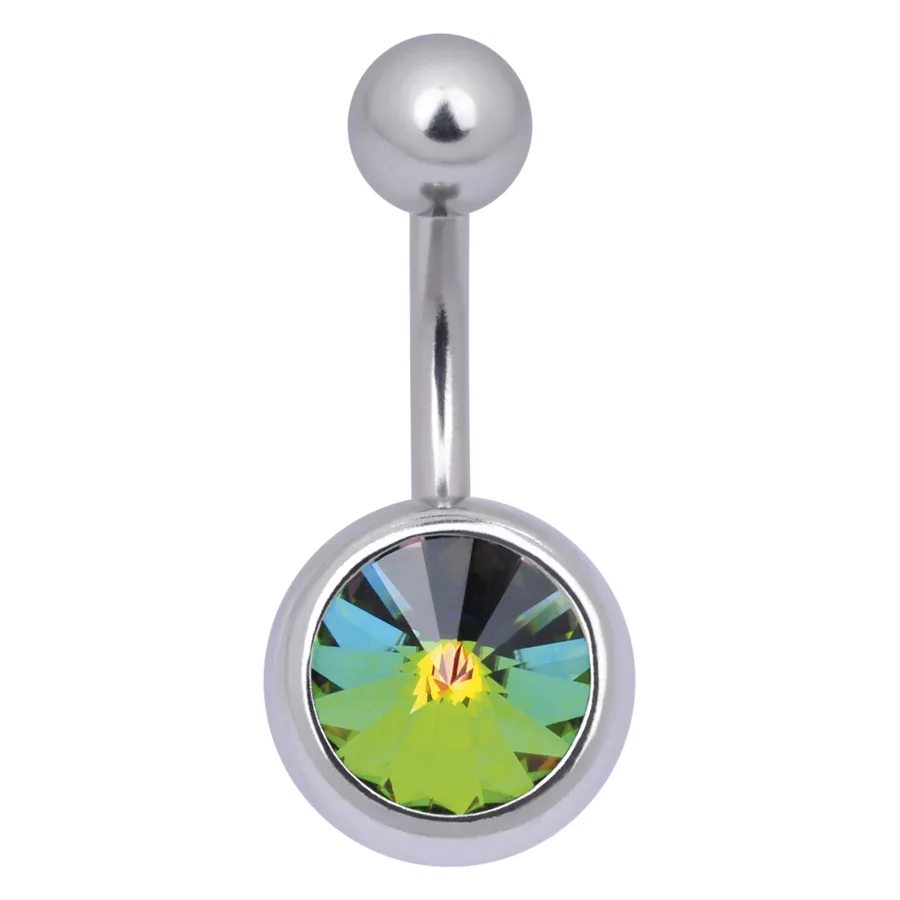 Großes Bauchnabelpiercing mit blauem Kristall Silbernes Bauchnabelpiercing mit großem, blauem Kristall auf weißem Hintergrund