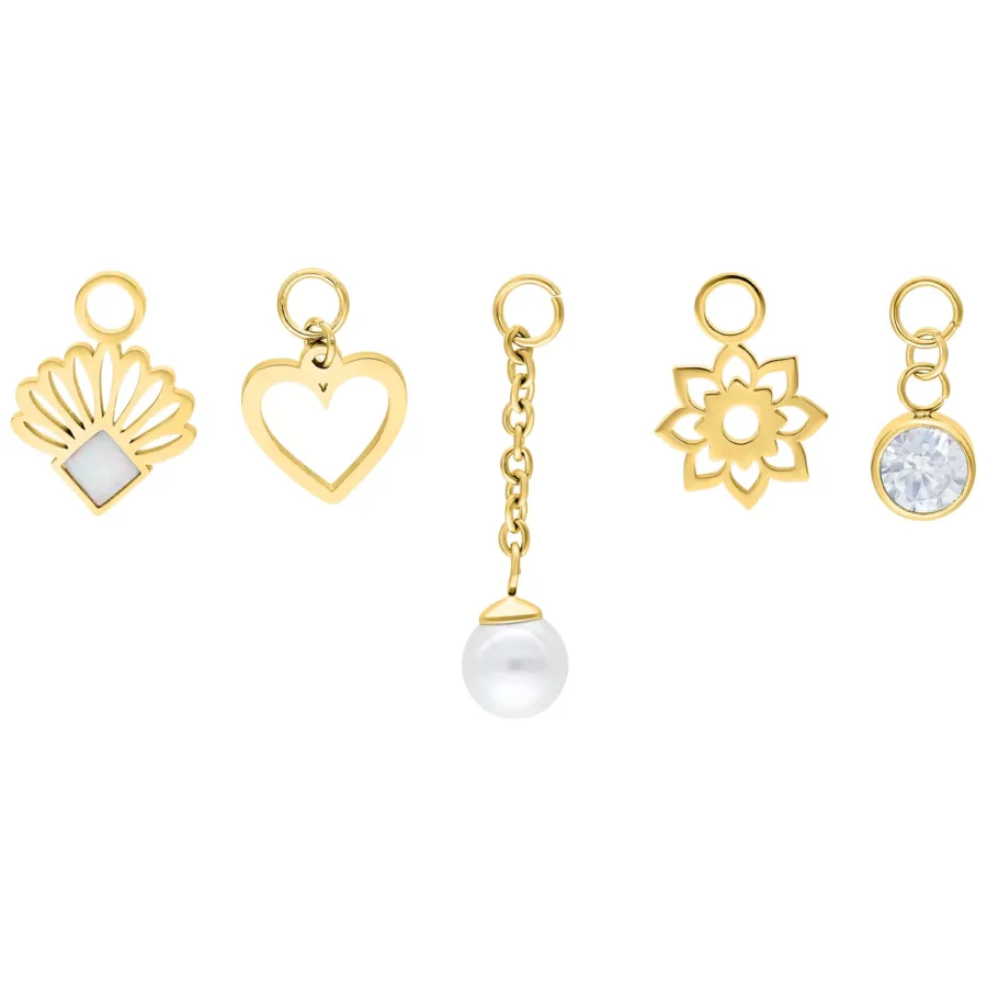 Fünfteiliges Piercing-Set aus goldfarbenem Chirurgenstahl mit Perlenanhänger und Herzmotiv