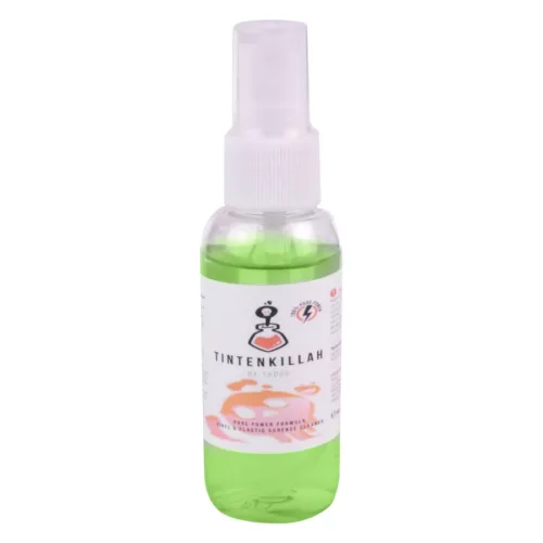 Grüne Tadoo Tintenkillah 50 ml Sprayflasche mit weißem Etikett auf weißem Hintergrund