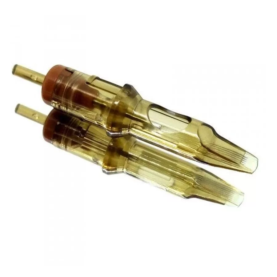 Kwadron Flat Long Taper Cartridges 5er Set Goldene Tattoonadeln Kwadron, 5 Stück, transparentes Gehäuse auf weißem Hintergrund