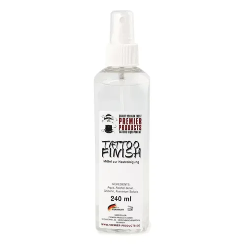 Transparente 240 ml Sprühflasche mit Tattoofinish-Logo auf weißem Hintergrund