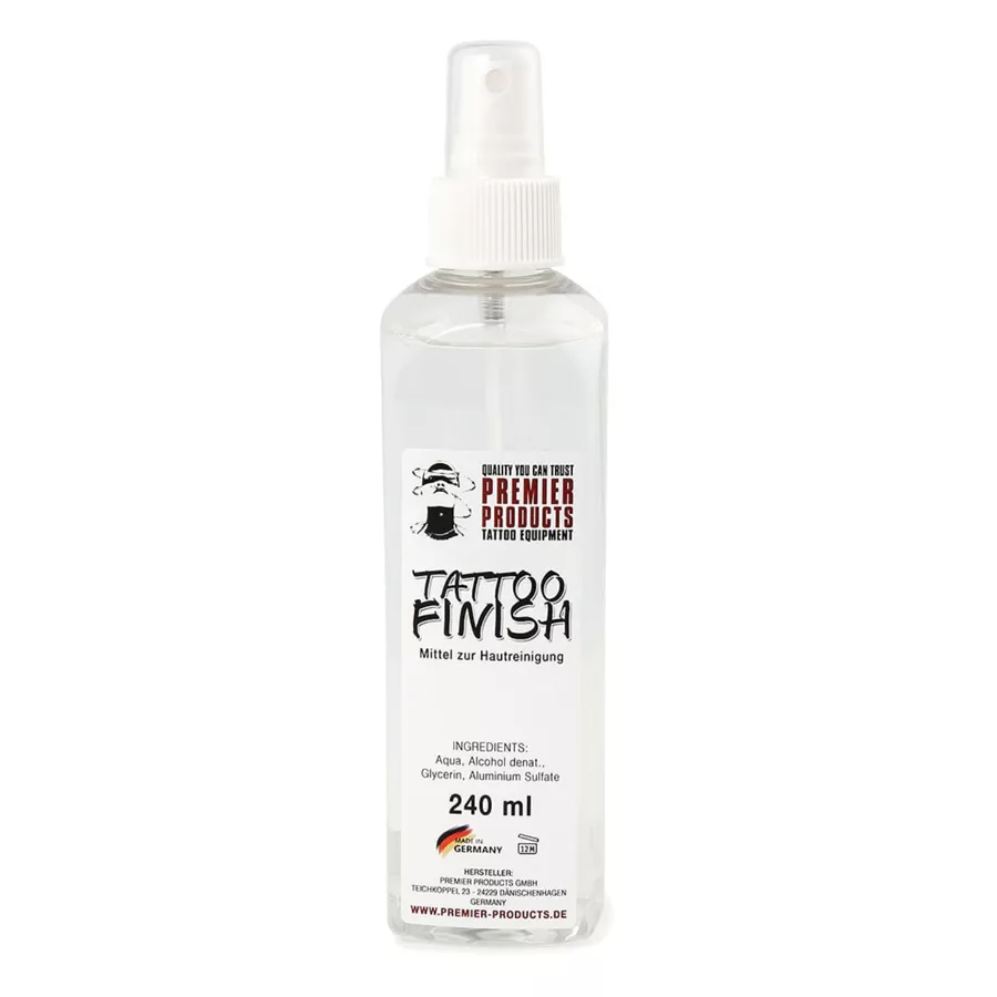 Transparente 240 ml Sprühflasche mit Tattoofinish-Logo auf weißem Hintergrund
