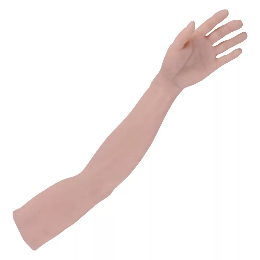 Tattoo Übungsarm aus Silikon in Beige Beiger Silikonarm zum Tätowieren üben, linke Armseite auf weißem Hintergrund