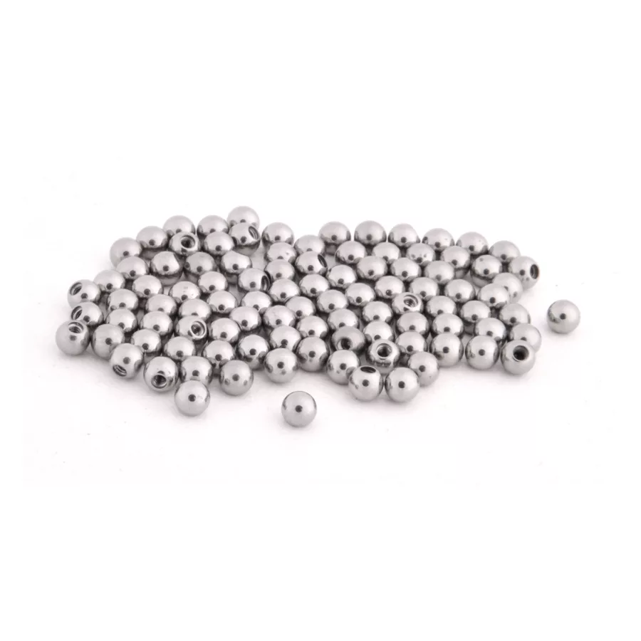 100er Set Titan Gewindekugeln Silber 1,2 mm Silberne Gewindekugeln aus Titan, 100 Stück auf weißem Hintergrund