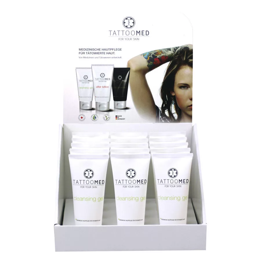 TattooMed® Cleansing Gel 100ml im Display TattooMed Cleansing Gel in weißer Tube in einem Display mit mehreren Tuben