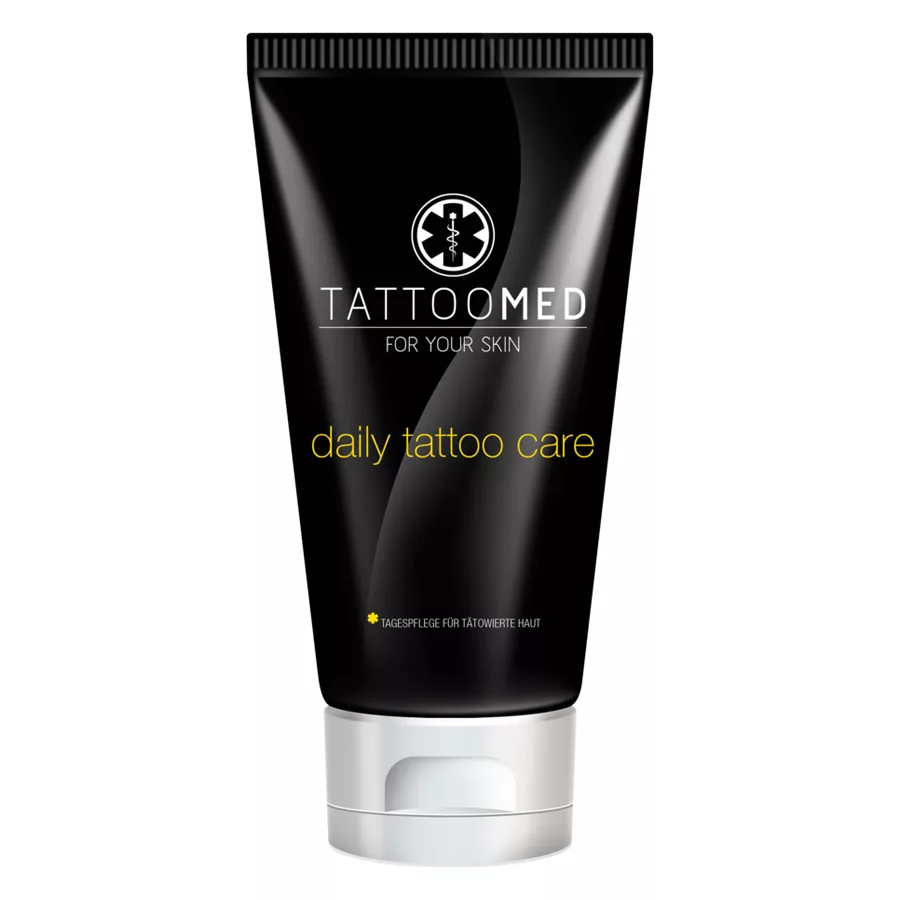 TattooMed® Pflegecreme in schwarzer 100ml Tube auf weißem Hintergrund