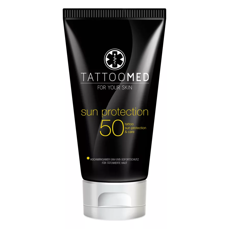 TattooMed® Sun Protection LSF50 100ml Schwarze Tube TattooMed® Sun Protection LSF50 auf weißem Hintergrund