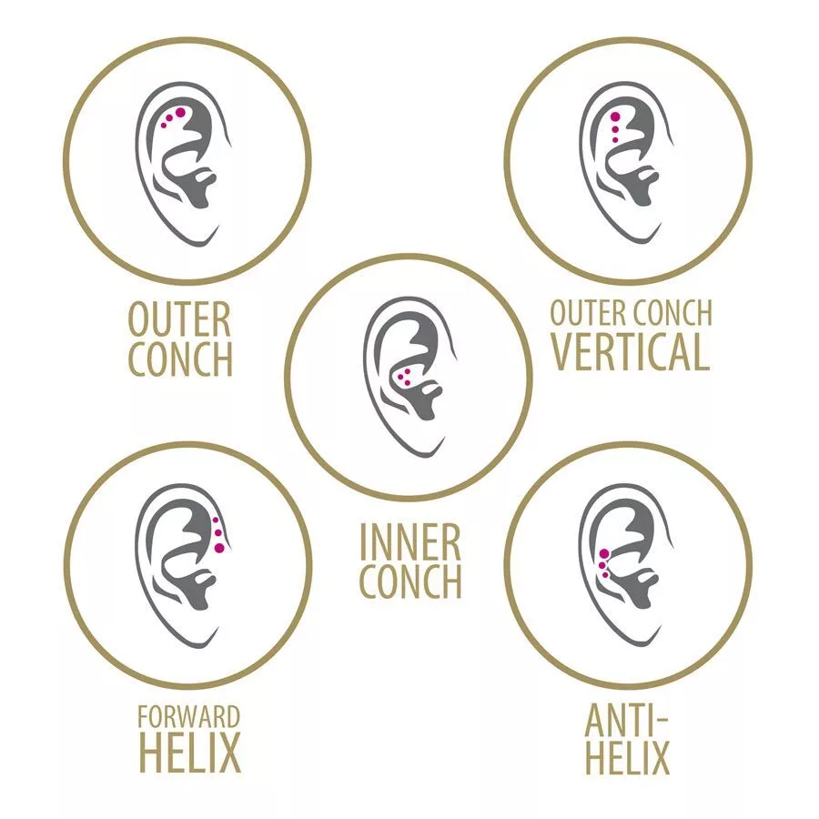 Mini Titan Labret für Triple Helix Piercing Fünf Ohrdiagramme mit Piercing-Positionen in Goldrahmen