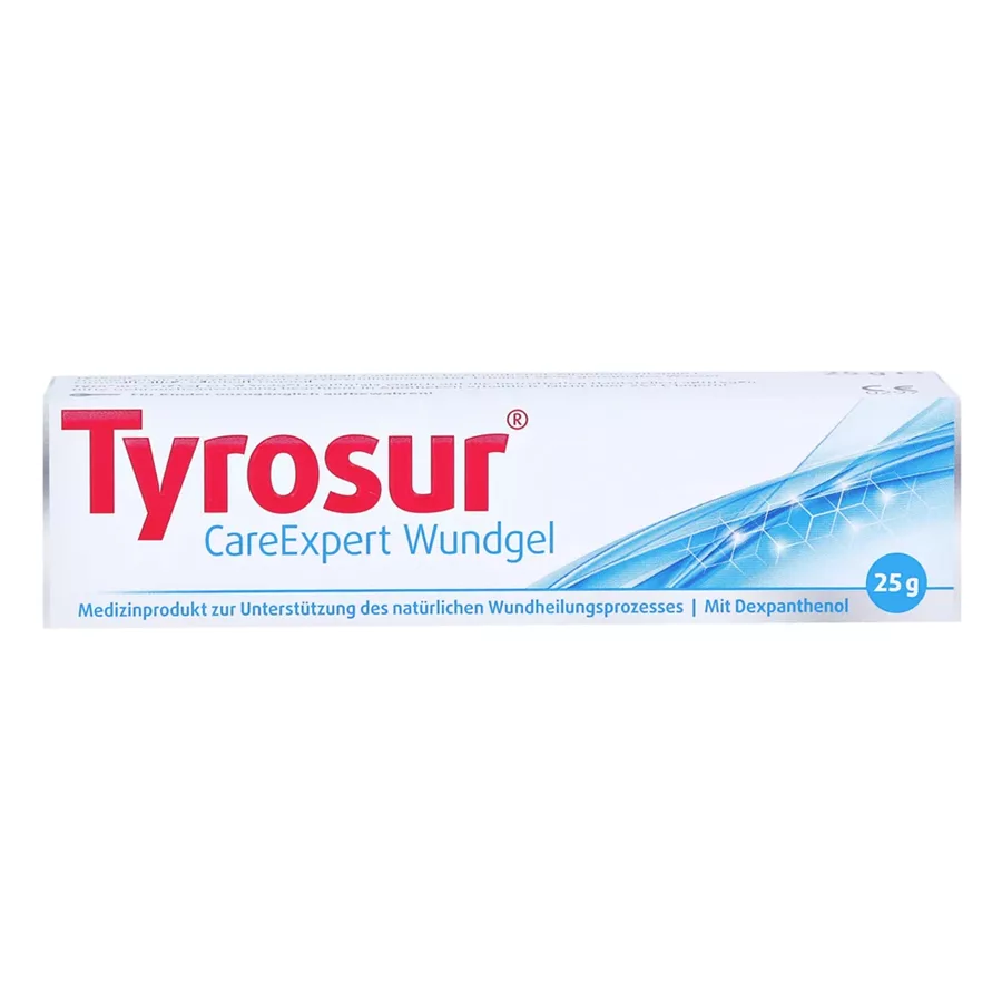 Tyrosur CareExpert Wundgel 25g Verpackung Tyrosur CareExpert Wundgel 25g Tube vor weißem Hintergrund