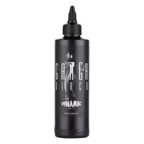 Schwarze Tattoofarbe Viking Ink Ganga Black 240ml Flasche auf weißem Hintergrund