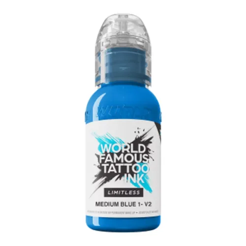 Flasche blaue Tattoo Tinte, Marke World Famous Ink, auf weißem Hintergrund