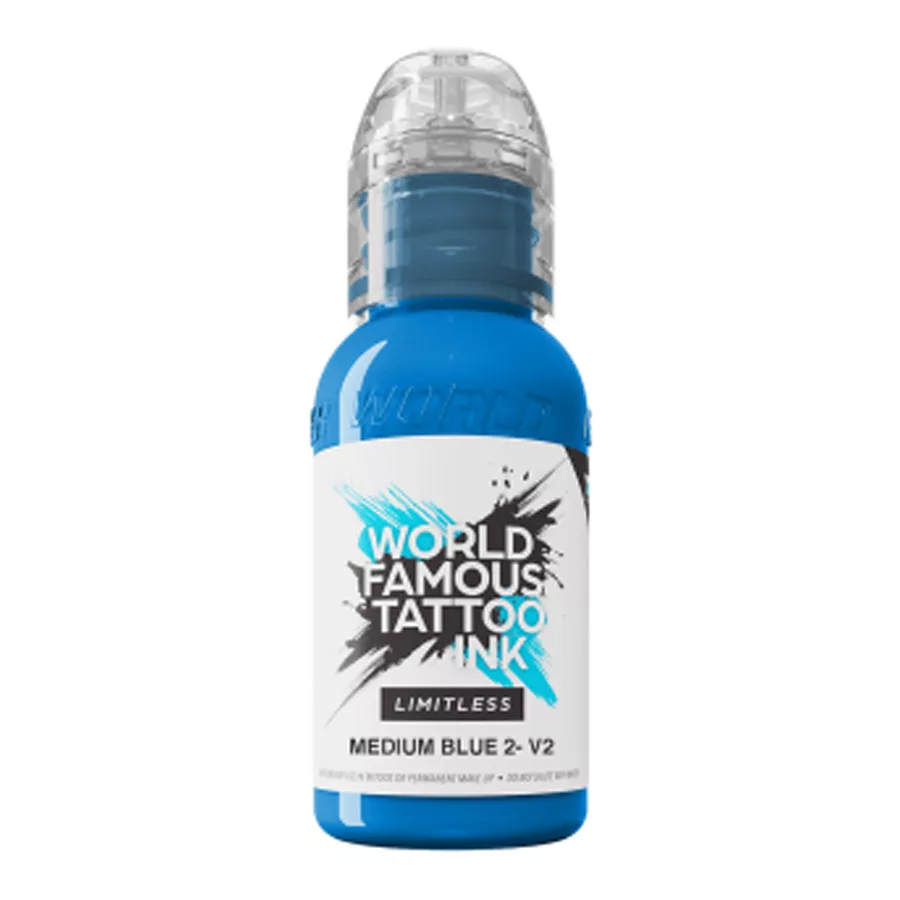 World Famous Ink Limitless Blau 30 ml Blaue Tattoofarbe Flasche, 30 ml, auf weißem Hintergrund