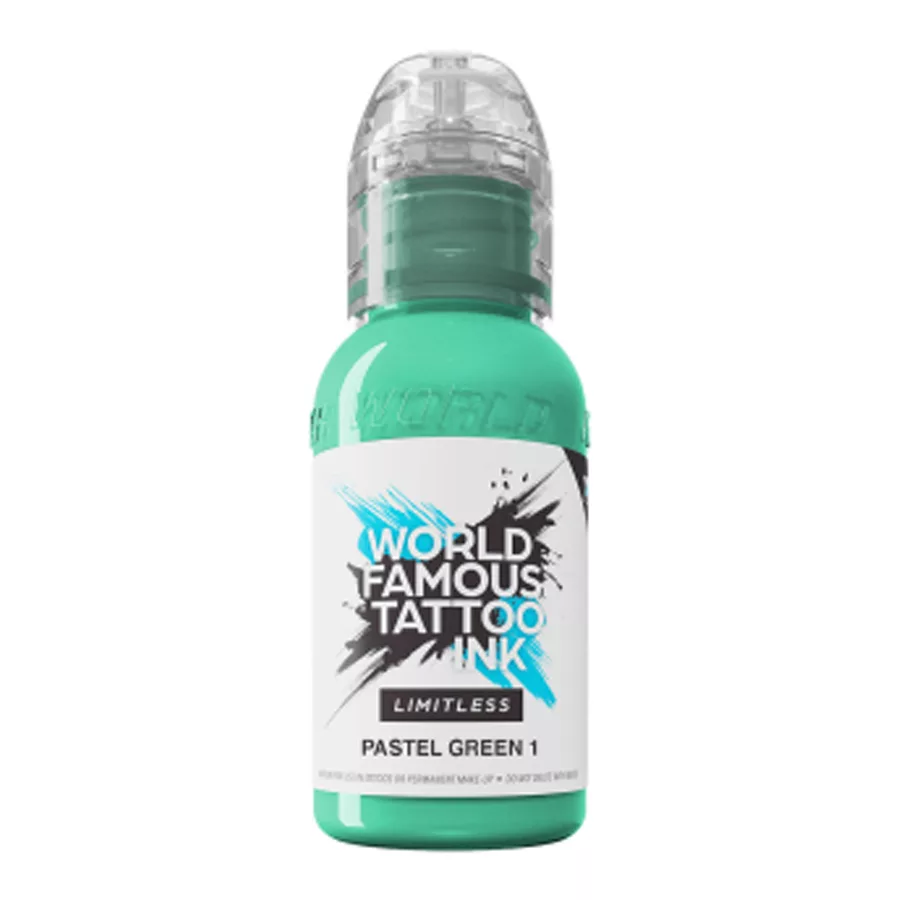 World Famous Ink Pastelgrün Tattoo Tinte 30ml Flasche World Famous Ink Pastelgrün Tattoo Tinte auf weißem Hintergrund