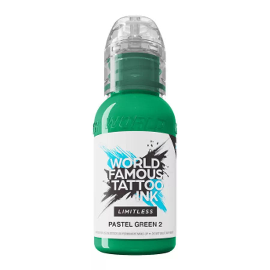 World Famous Ink Pastel Grün Tattoo Tinte 30ml Flasche mit World Famous Ink Limitless Pastel Green 2 Tattoo Tinte, 30 ml, auf weißem Hintergrund