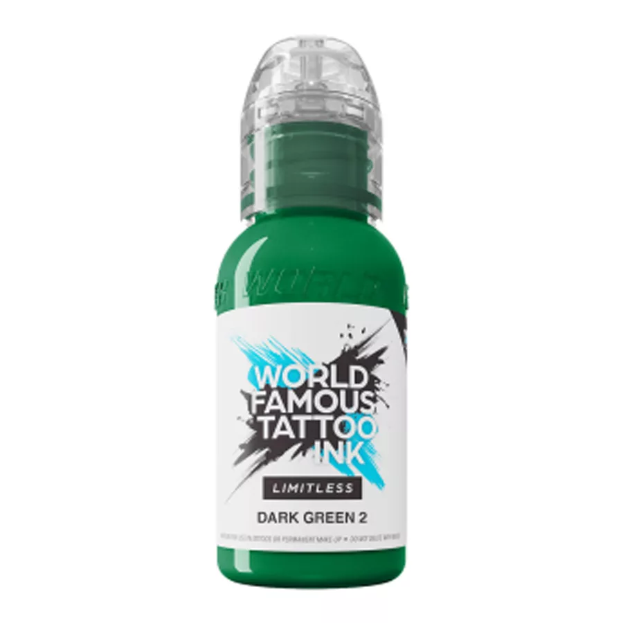 World Famous Ink Limitless Dark Green 2 Tattoo Tinte Grüne Tattoofarbe in Flasche, World Famous Ink Limitless Dark Green 2 auf weißem Hintergrund