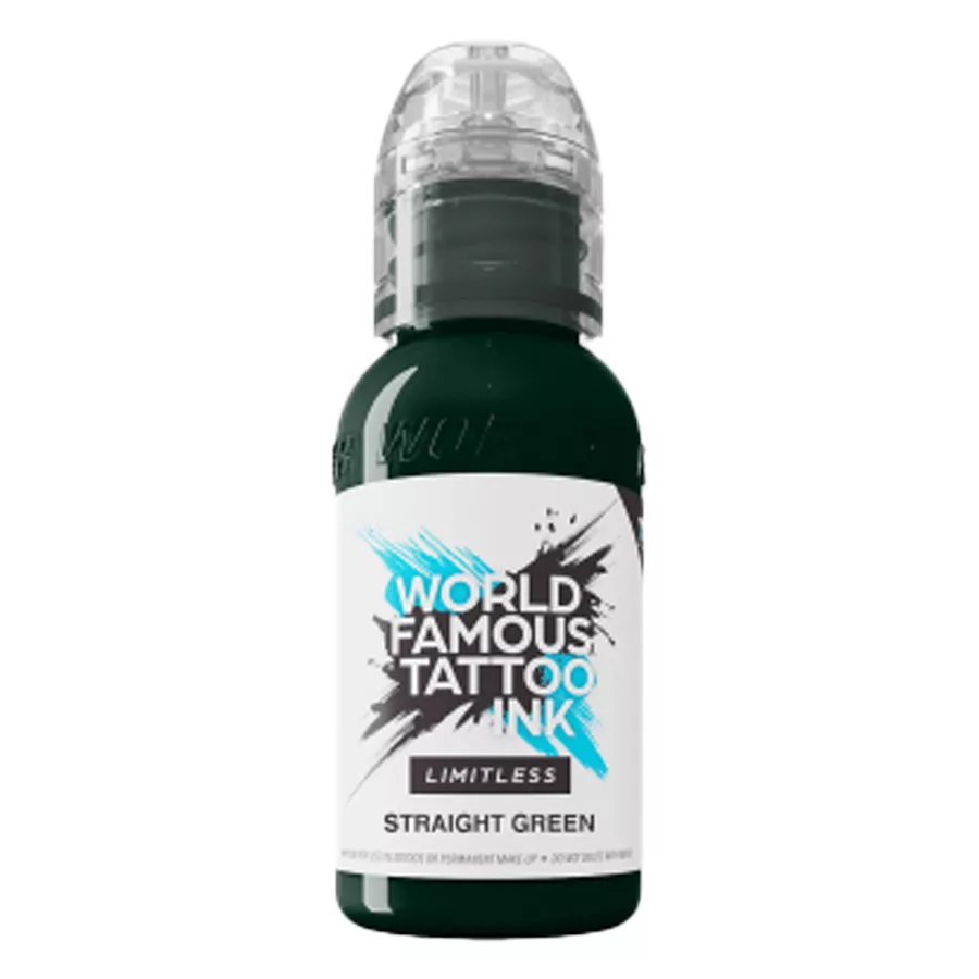 Tattoo Tinte Limitless Straight Green 30ml Grüne Tattoofarbe World Famous Ink Limitless Flasche, 30 ml, auf weißem Hintergrund