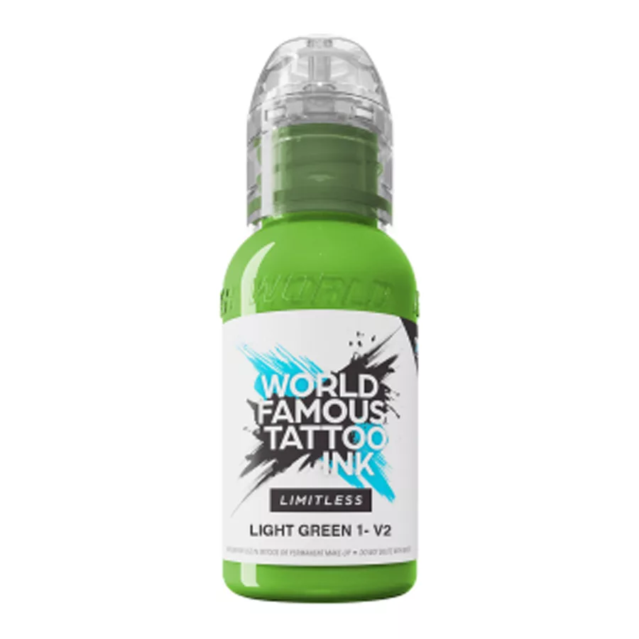 World Famous Ink Hellgrün Tattoofarbe 30ml Flasche World Famous Ink Limitless Light Green V2 auf weißem Hintergrund