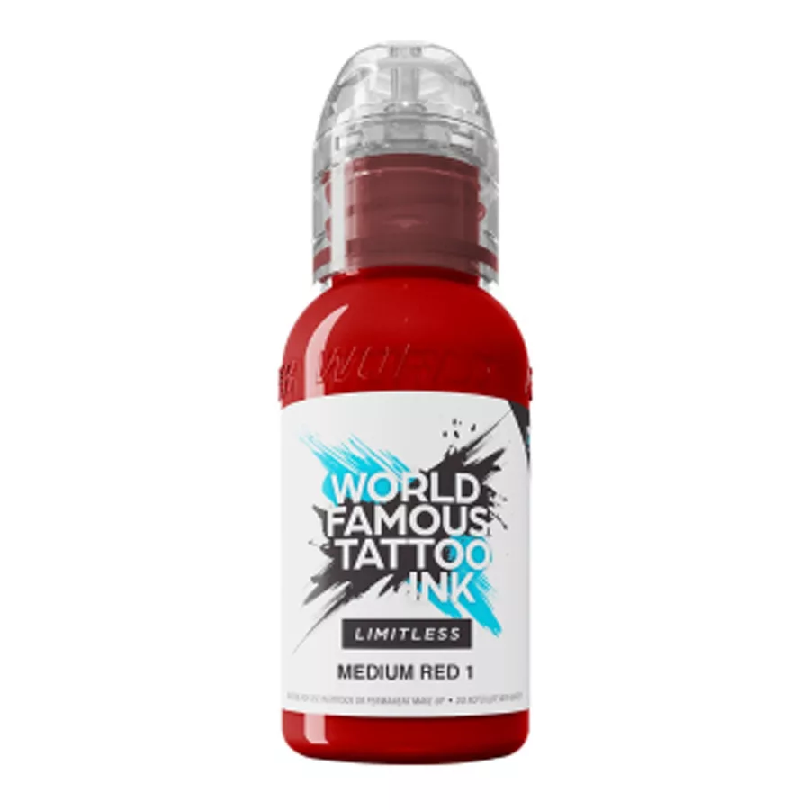 World Famous Ink Limitless Medium Red 30 ml Rote Tattoofarbe von World Famous Ink, 30 ml Flasche auf weißem Hintergrund