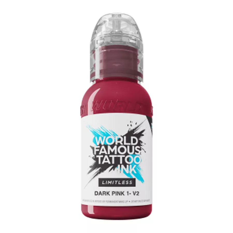 World Famous Ink Limitless Dark Pink 30 ml Tattoo-Tinte in dunklem Pink, 30 ml Flasche auf weißem Hintergrund