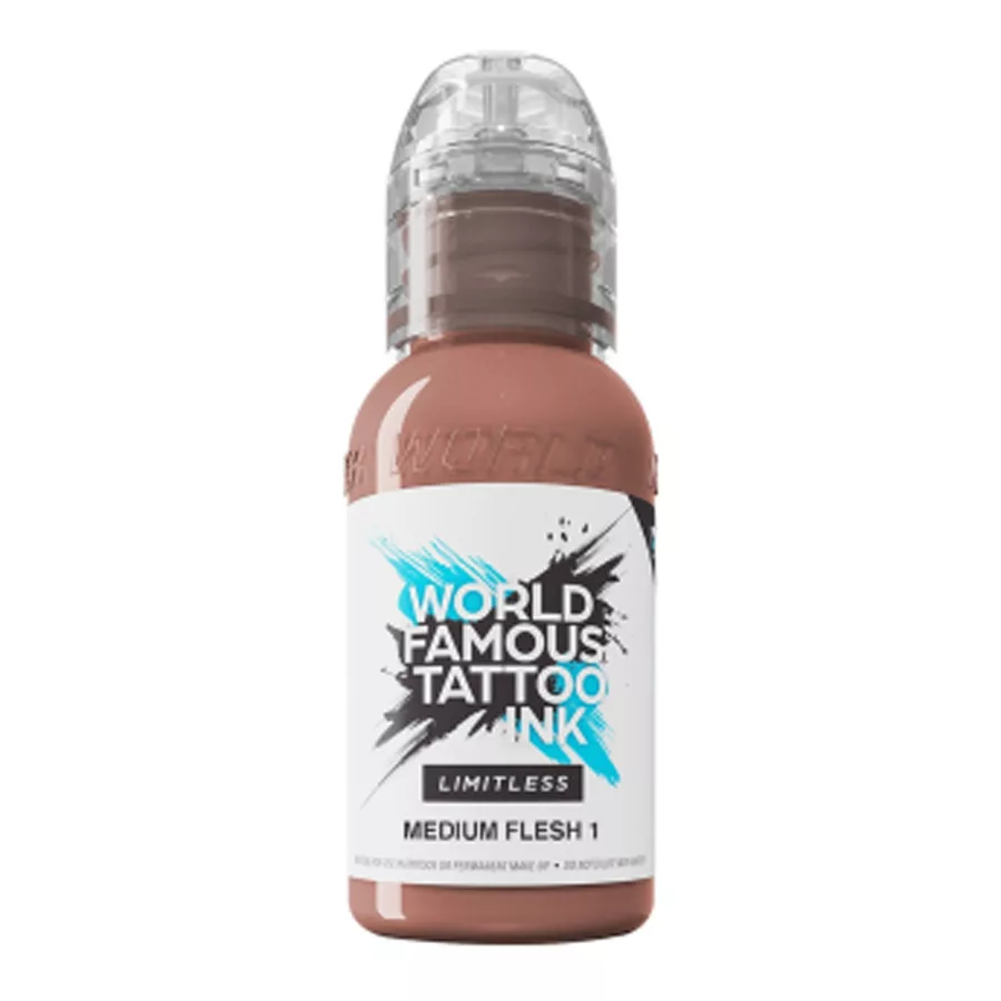 World Famous Tattoo Ink Beige 30ml Beigefarbene Tätowierfarbe in 30ml Flasche auf weißem Hintergrund