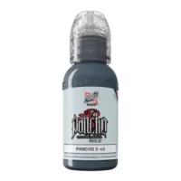 Tattoo Tinte in pastellgrauer Flasche mit transparentem Deckel auf weißem Hintergrund