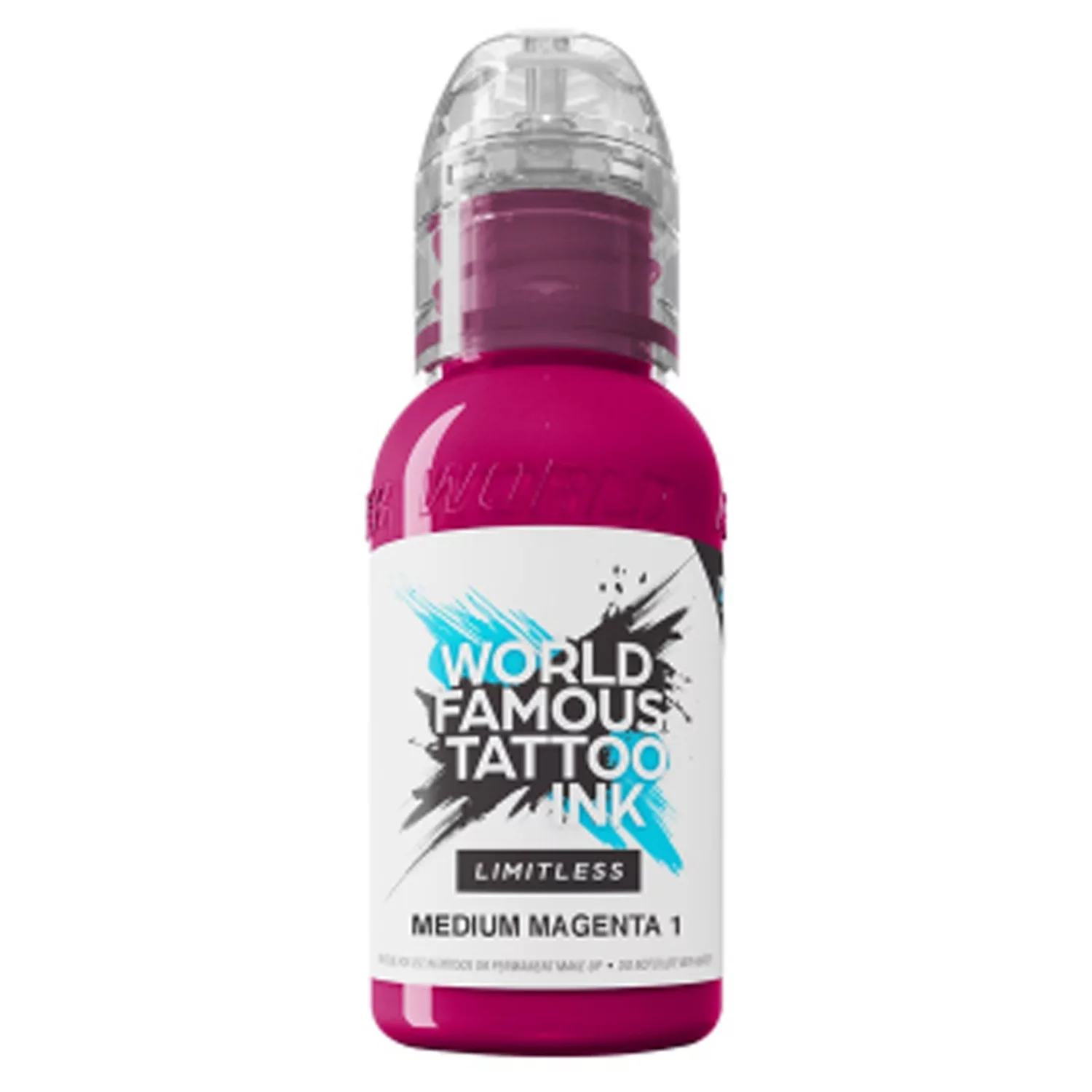 Wildcat Tattoofarbe Limitless Medium Magenta Flasche mit pinker Tattoofarbe, World Famous Ink, auf weißem Hintergrund