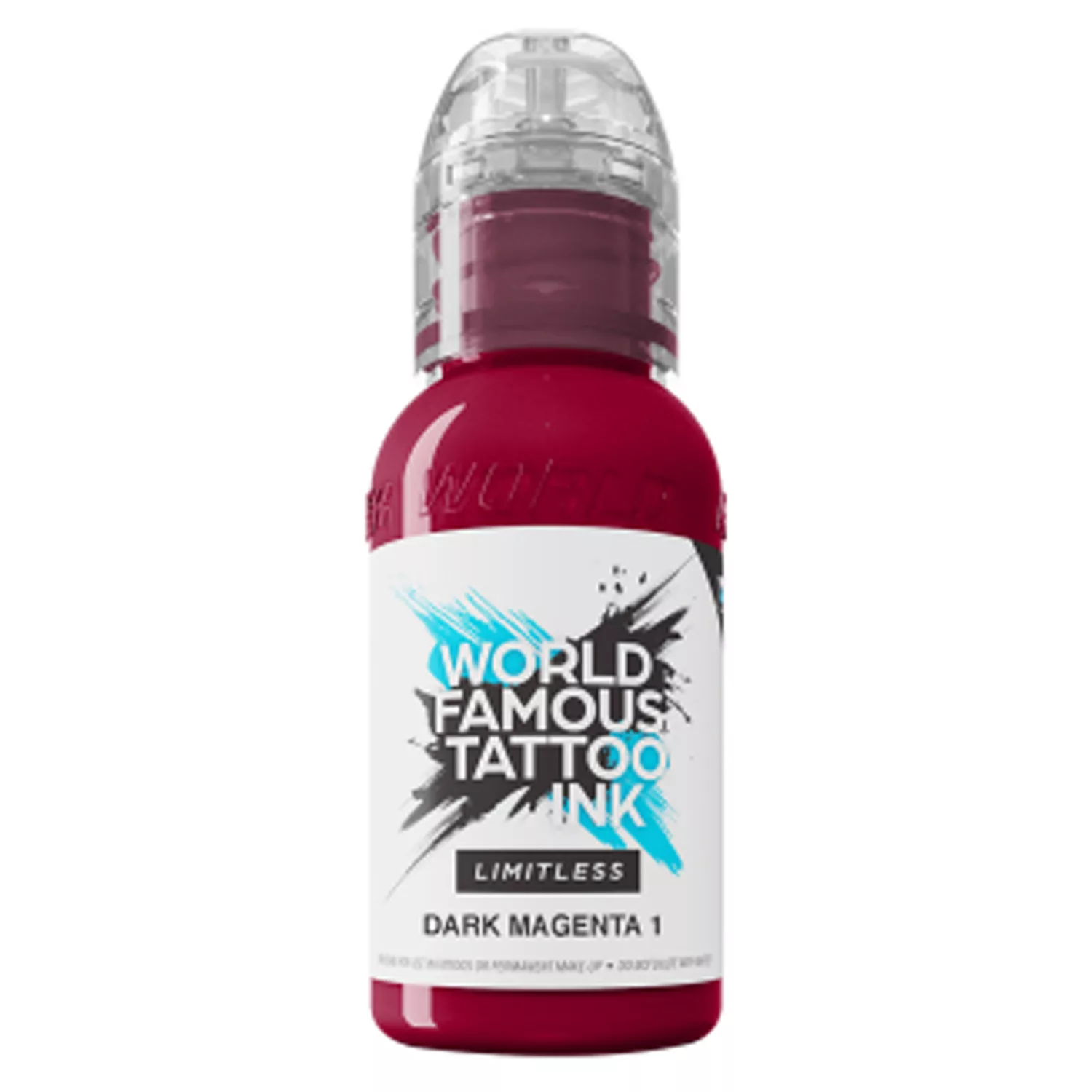 World Famous Ink - Limitless Dark Magenta 30ml Flasche mit World Famous Tattoo Ink Limitless Dark Magenta auf weißem Hintergrund