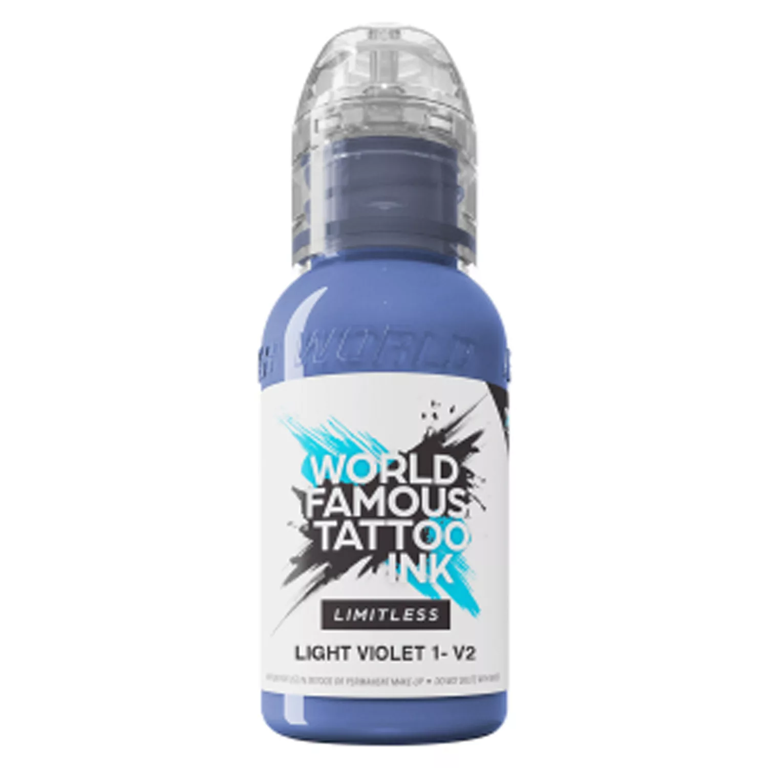World Famous Ink - Limitless Light Violet 30ml Flasche mit lila Tattoofarbe von World Famous Ink auf weißem Hintergrund