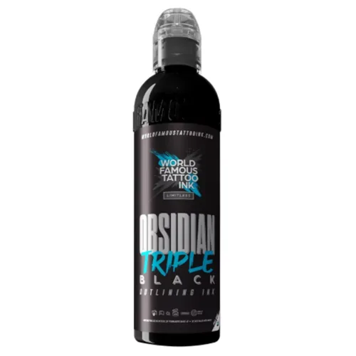 Schwarze Flasche World Famous Ink Obsidian Triple Black auf weißem Hintergrund