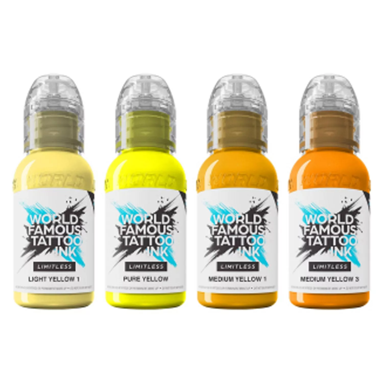 World Famous Ink - Gelb Set, 4 Farben Vier Flaschen Tattoofarben in verschiedenen Gelbtönen auf weißem Hintergrund