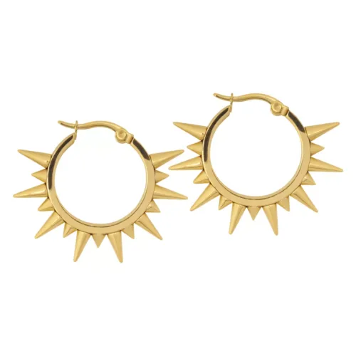 Zwei goldene Spiked Ohrringe aus Chirurgenstahl auf weißem Hintergrund