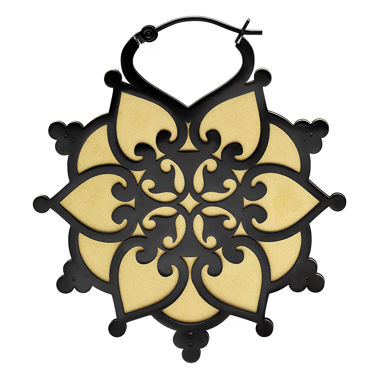 Schwarze Floralis Hoops aus Chirurgenstahl Schwarze, hochglanzpolierte Floralis Hoops aus Chirurgenstahl mit Klappverschluss vor weißem Hintergrund