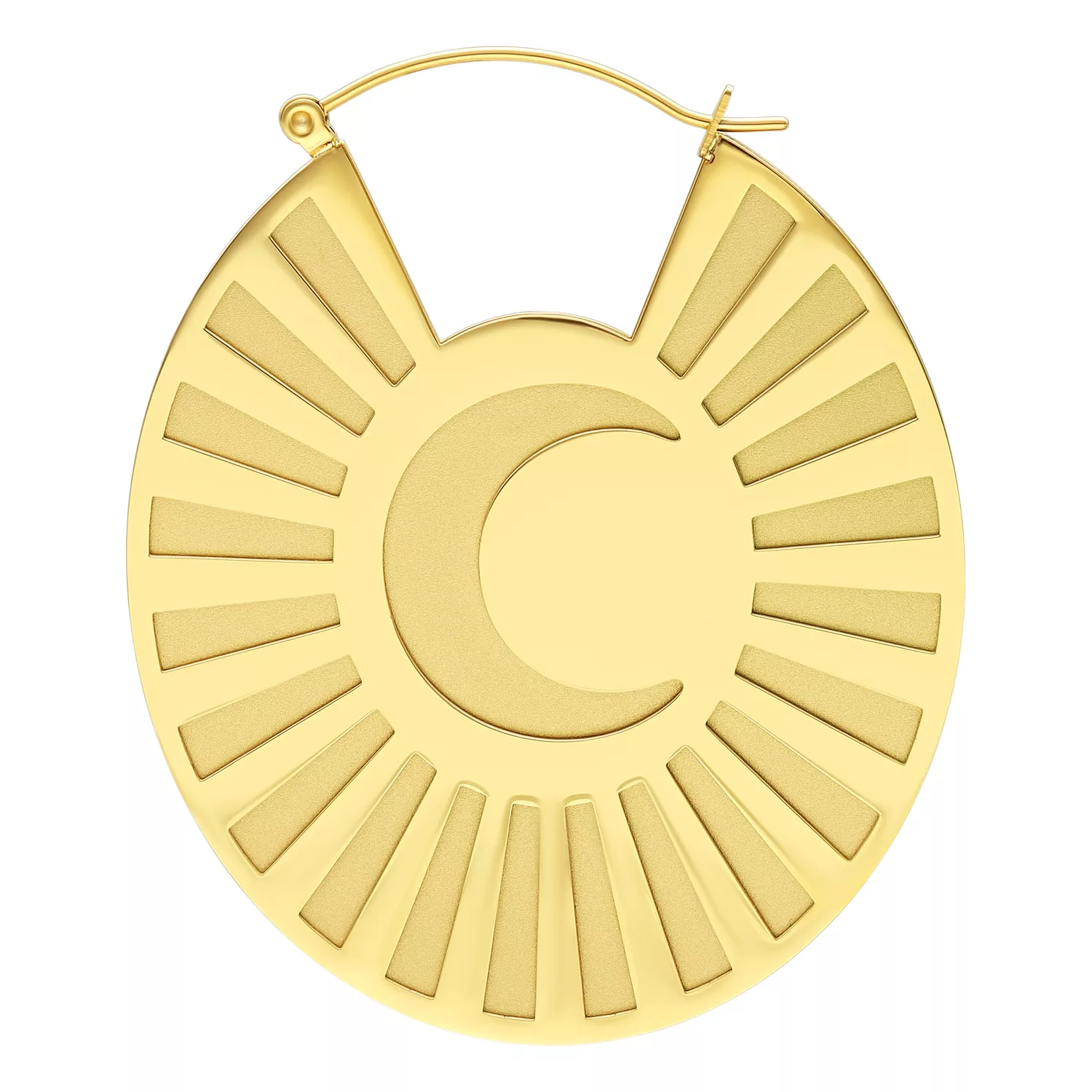 Goldene Moonshine Hoops Ohrringe aus Chirurgenstahl Goldene Ohrringe mit Mond-Design aus hochglanzpoliertem Chirurgenstahl auf weißem Hintergrund