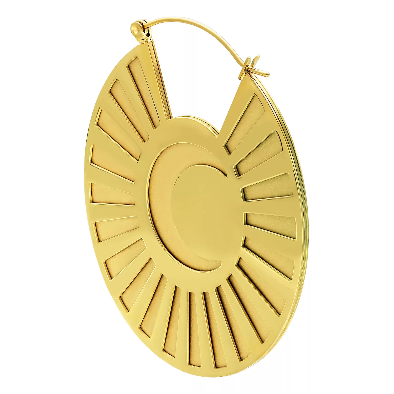 Goldene Moonshine Hoops Ohrringe, Hochglanzpoliert Goldene, runde Ohrringe aus Chirurgenstahl mit Sonnenstrahlenmuster auf weißem Hintergrund